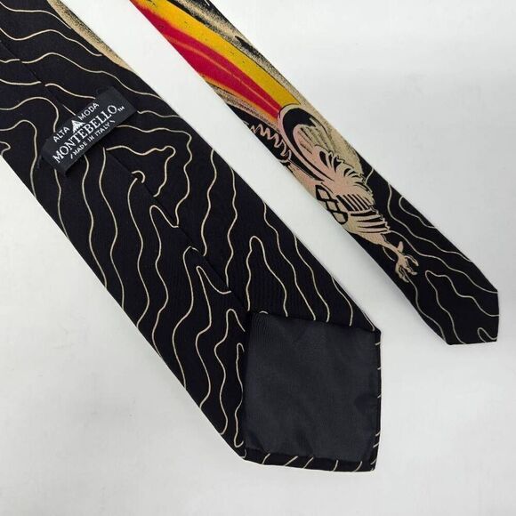 ALTA MODA MONTEBELLO ITALY SILK TIE ROOSTER RAINBOW BLACK TAN 3.5" X 55" - Picture 2 of 2